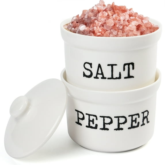 LotFancy Salt and Pepper Bowls, 9 oz 2 in 1 Salt Pepper Holder with Lids, White Ceramic Container