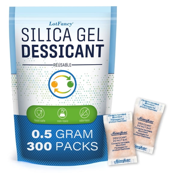 LotFancy Silica Gel Packets, 300 Packs 0.5 Gram, Rechargeable Indicating Desiccant Dehumidifier