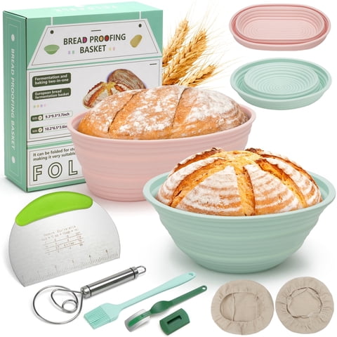 LotFancy Sourdough Starter Kit, Foldable Silicone Banneton Bread Proofing Baskets w/Liners,Bread Baking Supplies