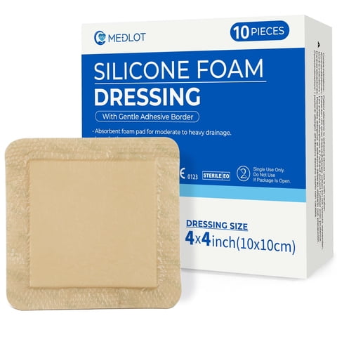 LotFancy Silicone Foam Dressing, 4x4 in, 10 Count, Adhesive Wound Dressing, Bed Sores Bandage
