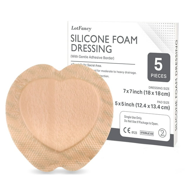 LotFancy Silicone Foam Dressing, 7"x 7", 5 Count, Bordered Waterproof