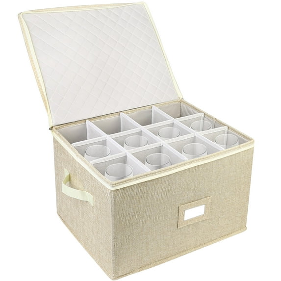 LotFancy Stemware Storage Container, Wine Glass Storage Box with Dividers & Handles,Quilted linen