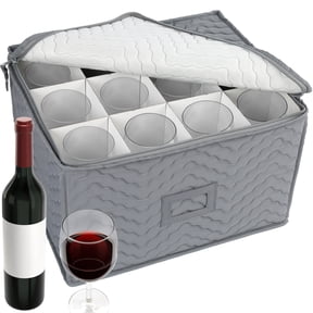 LotFancy Stemware Storage Container for 12 Wine Glasses, Wine Glass Storage Box with Dividers, Gray