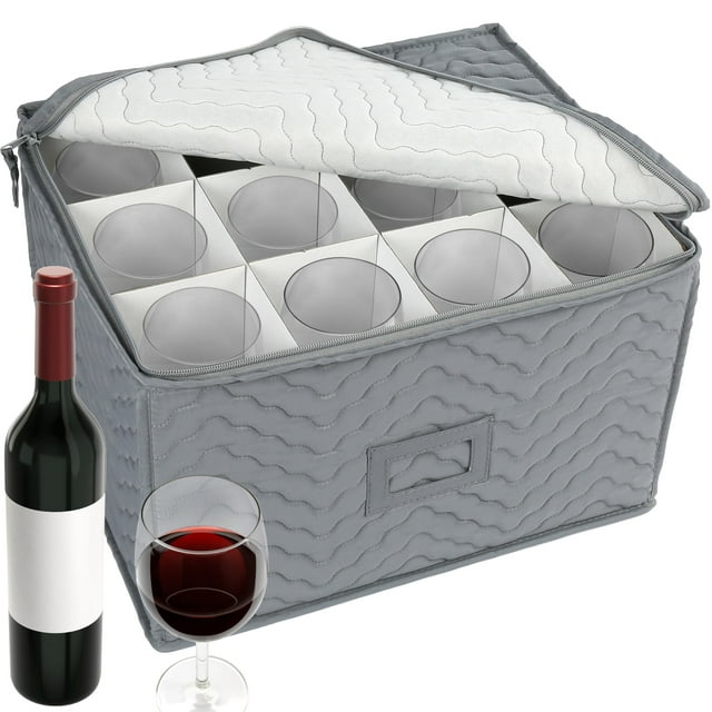 LotFancy Gray Wine Glass Storage Case for 12 Glasses with Dividers