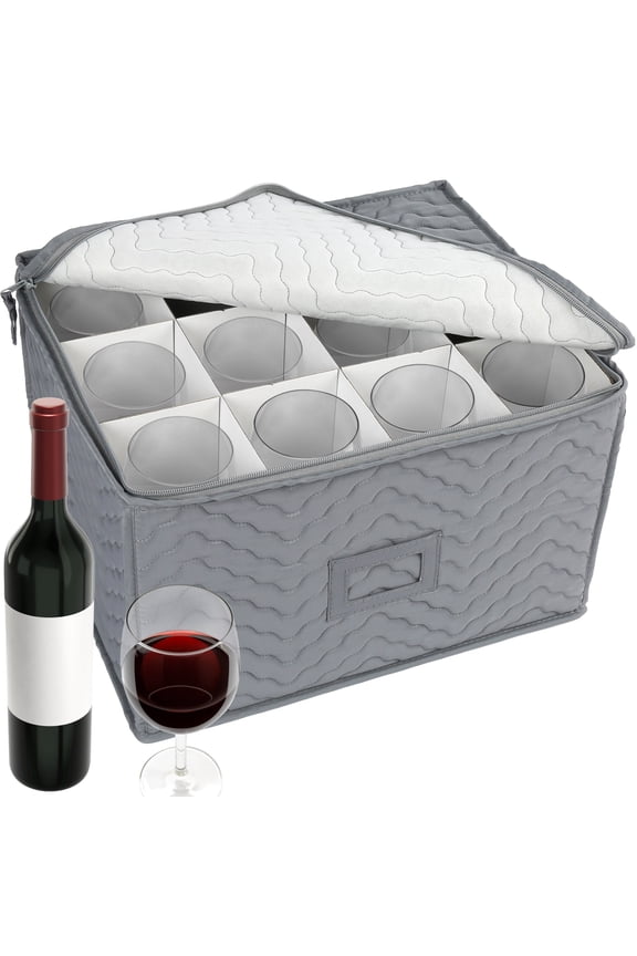 Stemware Storage Container for 12 Wine Glasses, Wine Glass Storage Box with Dividers, Gray