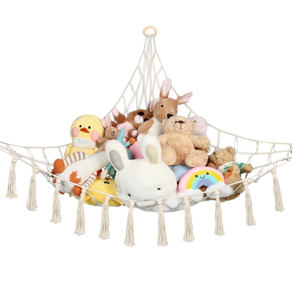 LotFancy Stuffed Animal Net or Hammock, Macrame Toy Hammock with Tassels, Beige,  59x47x47 in