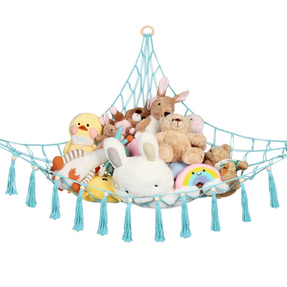 LotFancy Stuffed Animal Net or Hammock, Macrame Toy Hammock with Tassels, Blue, 59x47x47 in