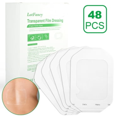 LotFancy Transparent Film Dressing, 4x4 3/4 in, 48 Count, Waterproof Adhesive Wound Bandage Tape