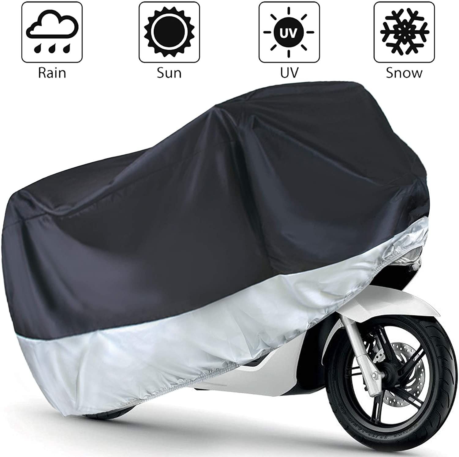 LotFancy Waterproof Motorcycle Cover, Fits up to 96 in Motors, Black and Silver