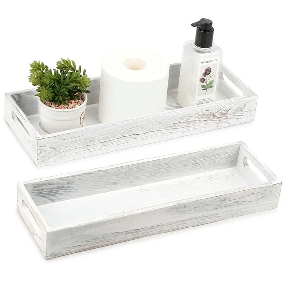 LotFancy Wood Decorative Tray with Handles, 2 Rustic Centerpiece Tray, Bathroom Organizer for Vanity