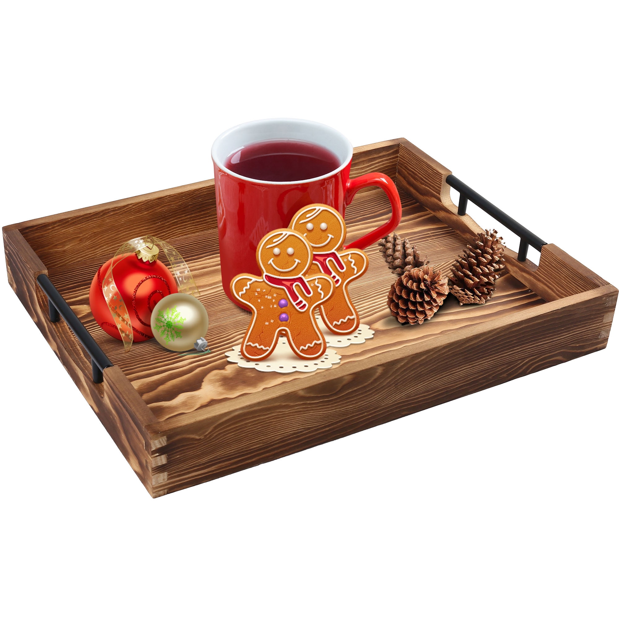 Wooden Serving Tray Large With Handle & 4 Wooden Coasters Ottoman