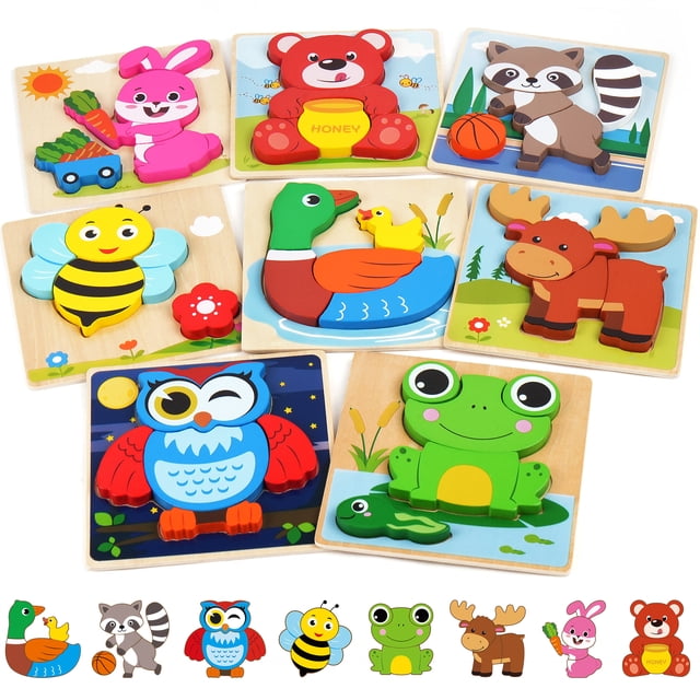 LotFancy Wooden Animal Puzzles for Toddlers 1-3, 8 Pack, Montessori ...