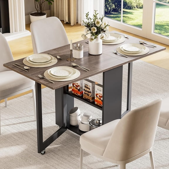 LotFun Folding Dining Table with 2 Storage Racks, Space Saving Dining Table with 6 Wheels, Kitchen Table for Small Spaces