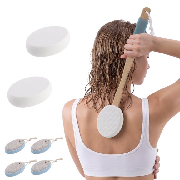 Lotion Applicator for Back with 3 Soft Pads, 4 Foot Scrub Stones, Long Wooden Handle Body Cream Applicator, 15.4 x 4.5 in Back Lotion Applicator for Shower Skincare