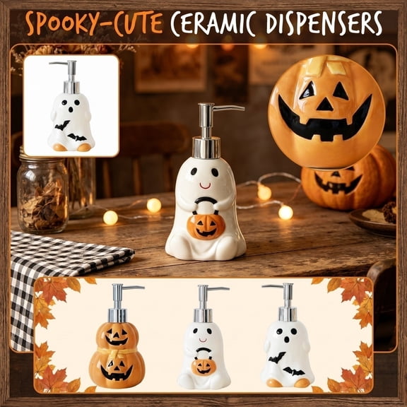 Lotion Dispenser with Pump, Decorative Seasonal Dispenser, Double Stacked Pumpkin Jack O Lantern Halloween Design, for Fall Kitchen Counter, Bathroom Vanity and Guest Powder Room,