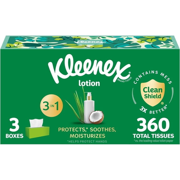 Lotion Facial Tissues with Coconut Oil, 3 Flat Boxes, 120 Tissues Per Box, 3-Ply