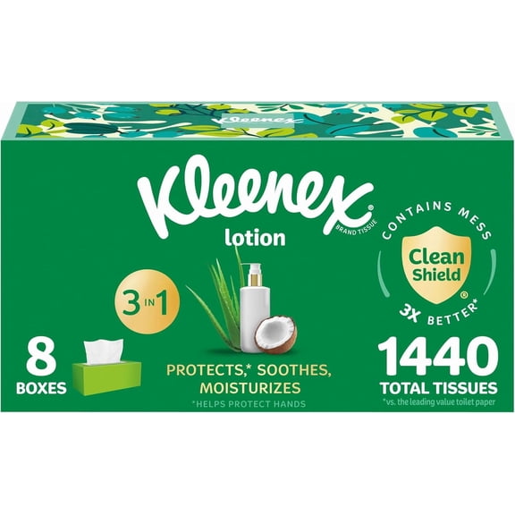 Lotion Facial Tissues with Coconut Oil, 8 Flat Boxes, 180 Tissues Per Box, 3-Ply