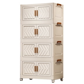 Lotpreco 4 Tier Stackable Storage Bins with Lids with Doors & Wheels Plastic Storage Containers Folding Storage Cabinet Shelf for Living Room Bedroom Office