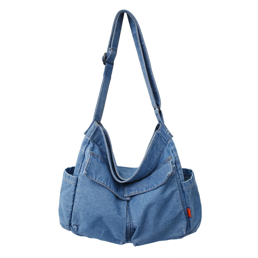 Women Large Capacity Denim Shoulder Bag Zipper Closure Retro Messenger Tote  Bag