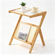 Lotpreco Rattan Side Table with Storage, Glass Top Accent Bedside Table with Magazine Rack, Glass Coffee Table for Small Spaces, Living Room and Bedroom