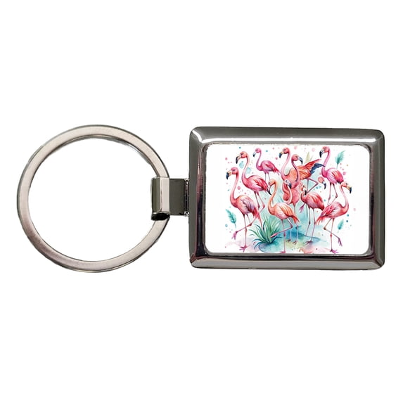 Lots Of Flamingos Watercolor Metal Rectangle Keychain
