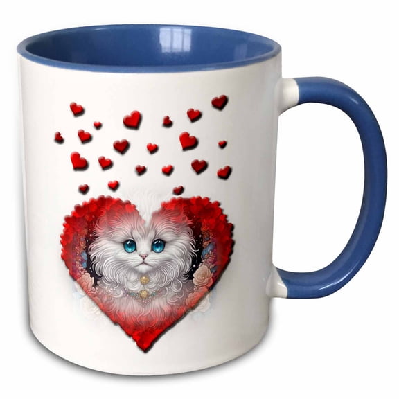 3drose, Lots of Hearts Flowing Around Our Beautiful Blue Eyed White Persian, 15oz Two-tone Blue Mug