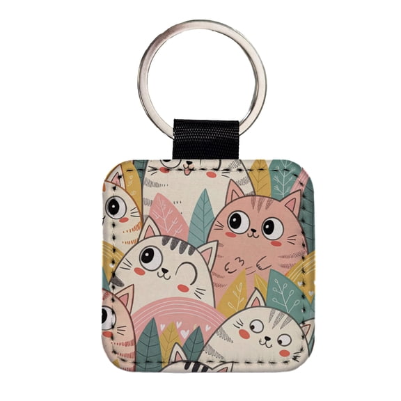 Lots Of Kawaii Adorable Cats Faux Leather Square Keychain