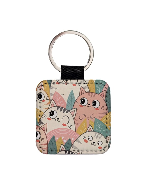 Lots Of Kawaii Adorable Cats Faux Leather Square Keychain