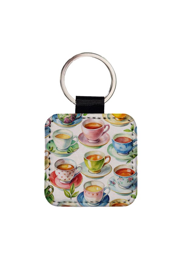 Lots Of Tea Cups Faux Leather Square Keychain