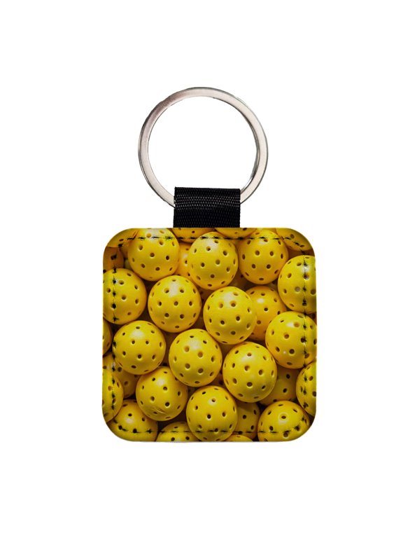 Lots Of Yellow Pickleball Balls Faux Leather Square Keychain