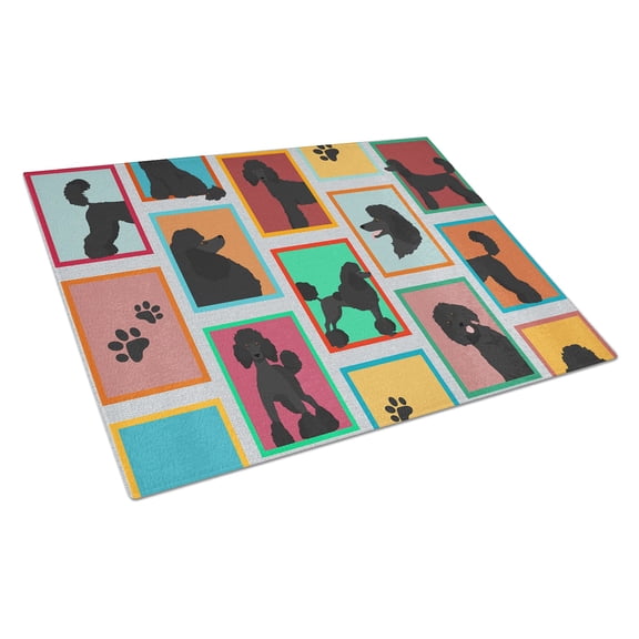 Lots of Black Standard Poodle Glass Cutting Board Large 12 in x 15 in