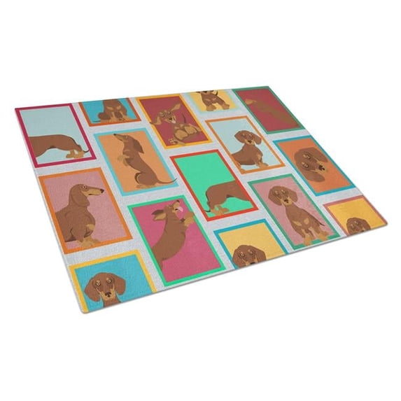 Lots of Chocolate and Tan Dachshund Glass Cutting Board Large 12 in x 15 in