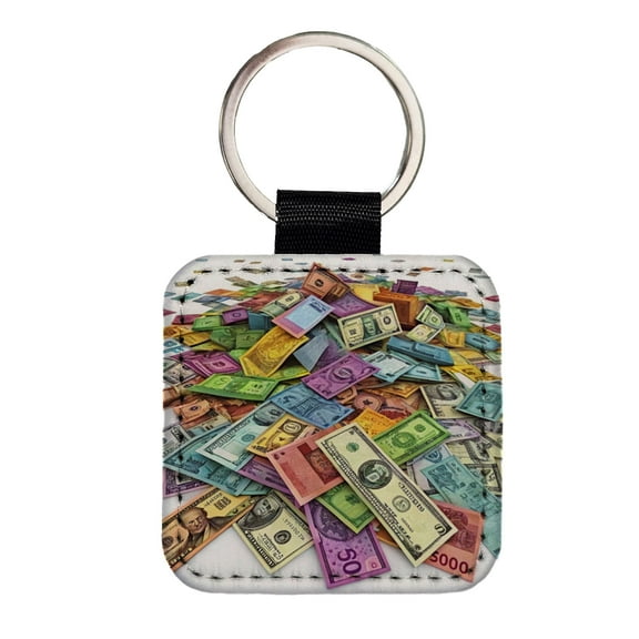 Lots of Colorful Money Monetary Bills Faux Leather Square Keychain