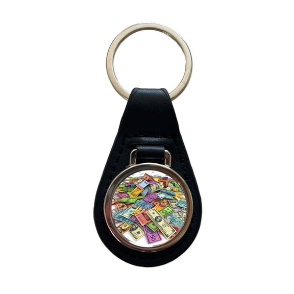 Lots of Colorful Money Monetary Bills Metal Black Leather Keychain