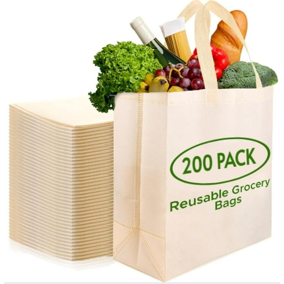 Simply Cool 200 Pack Reusable Eco-Friendly Large Grocery Shopping Bags 14.5"x14"x6.6" Durable Recyclable Washable Foldable Portable Tote Bags Bulk