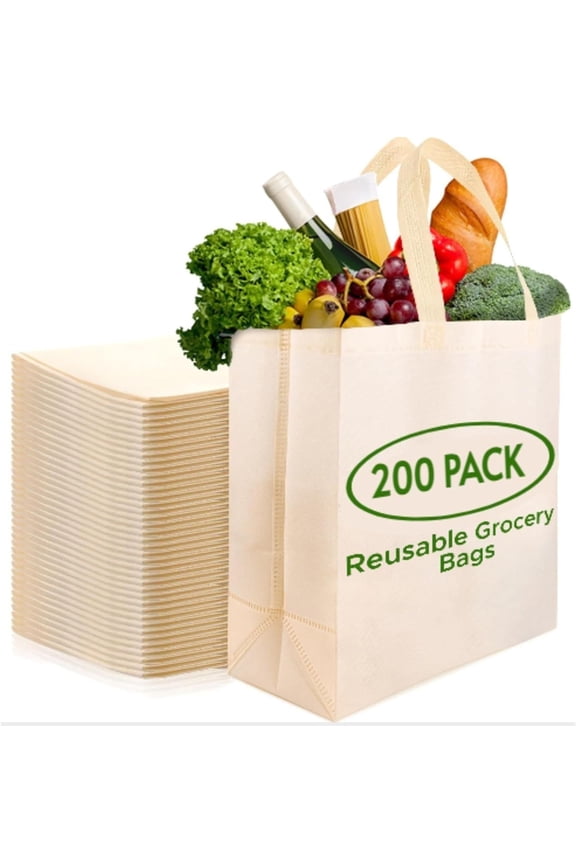 200 Pack Reusable Eco-Friendly Large Grocery Shopping Bags 14.5"x14"x6.6" Durable Recyclable Washable Foldable Portable Tote Bags Bulk