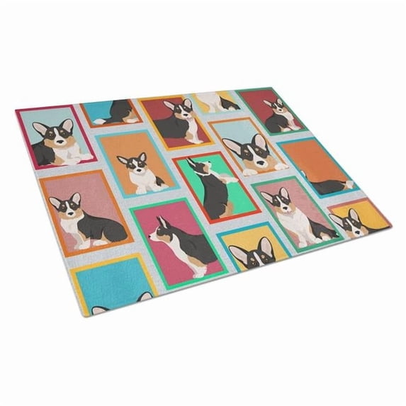 Lots of Tricolor Cardigan Corgi Glass Cutting Board Large 12 in x 15 in