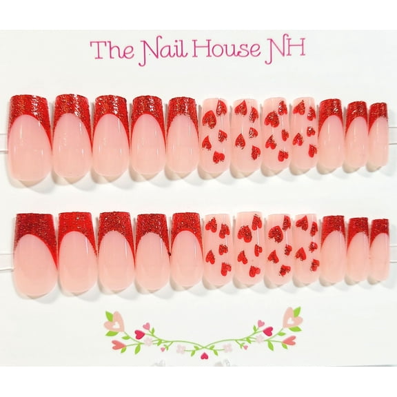 Lotta Love Sparkle French Manicure Glossy Medium Coffin Press On Nails - 24 Pieces - Artificial Nails - Valentine's Nails