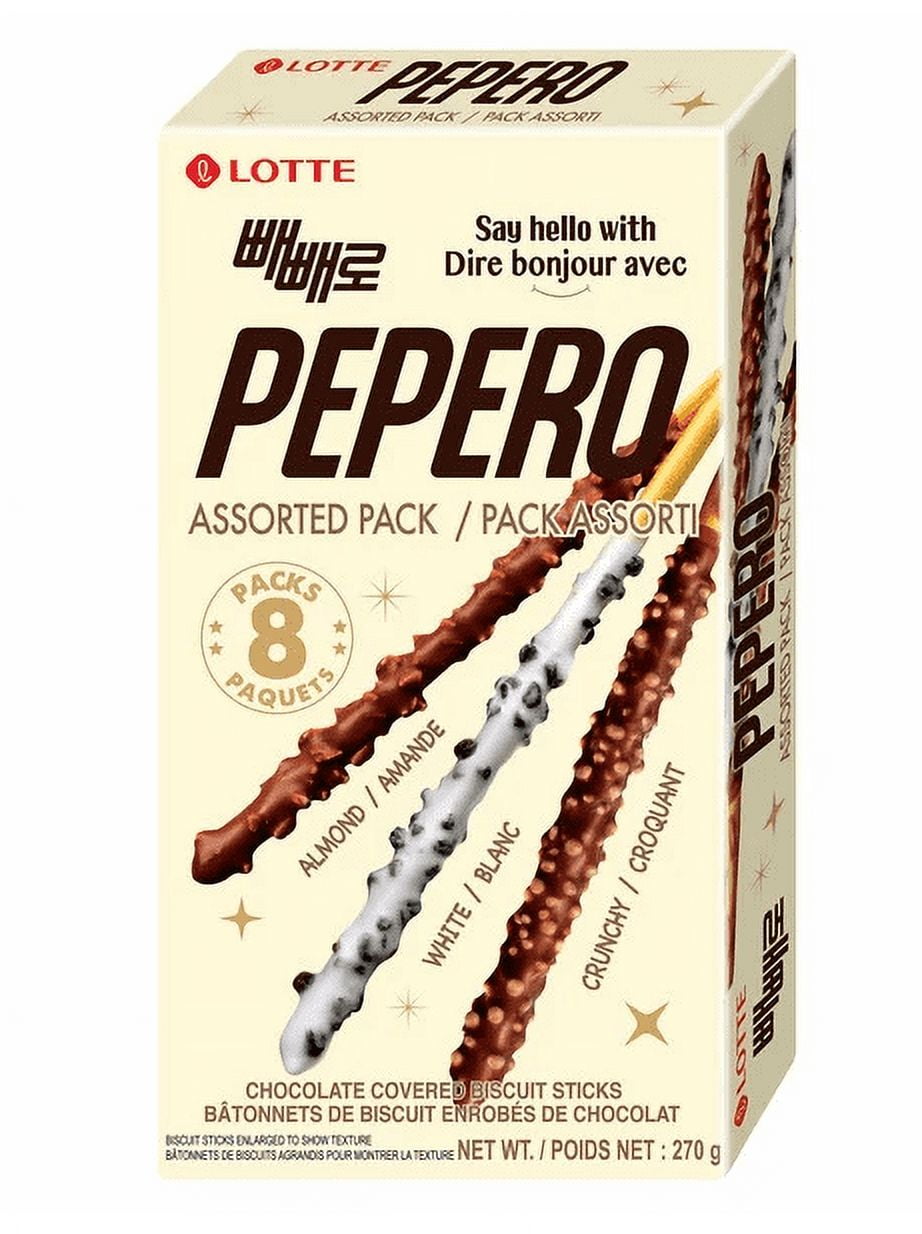 Lotte Assorted Pack Pepero Chocolate Covered Biscuit Sticks- Almond (3) white + cookie (3) crunchy (2)-2 PACK
