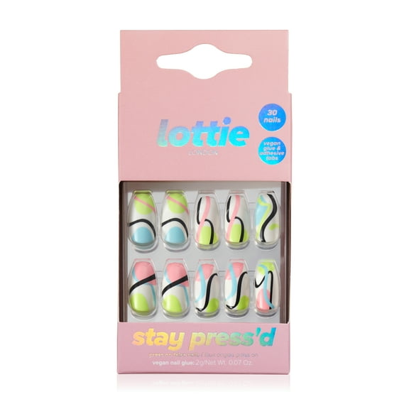 Lottie London Stay Press'd, Press On Nails Set, Pastel Waves-squareletto shape, Wavy Baby, 30 nails