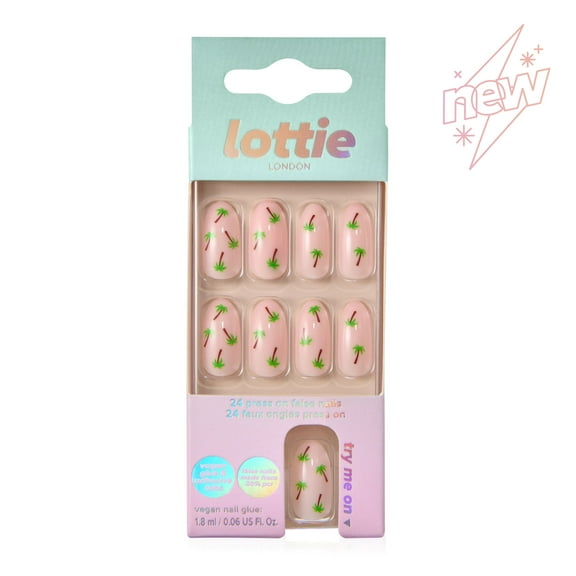 Lottie London Stay Press'd, Press on Nail Set, Natural with Palm Tree Print Almond Shape, Paradise, 24 Nails