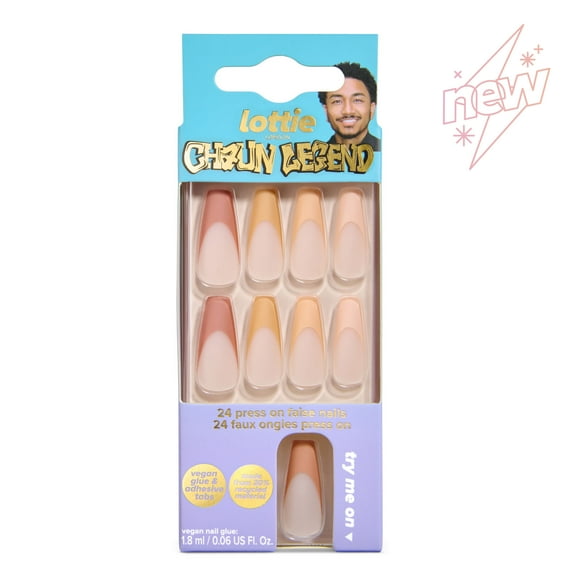 Lottie London x Chaun Legend Stay Press'd, Press on Nail Set, Neutral Nude Tips Coffin Shape, Nude Swings, 24 Nails