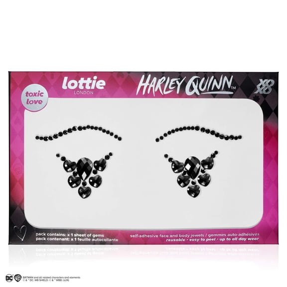 Lottie London x Harley Quinn Face & Body Gems in Toxic Love, Easy-to-use self-adhesive face and body gems for a black, bejewelled finish