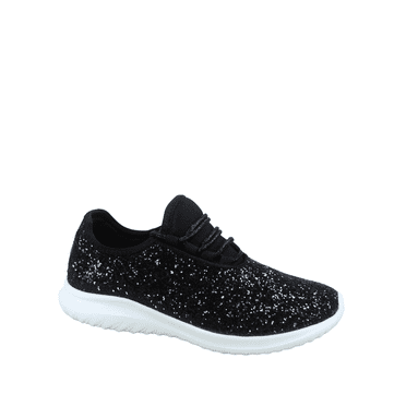 Lotus-08 Women's Fashion Sparkle Glitter Comfort Light Weight Slip On Flat Sneaker Shoes ( Black, 5 )