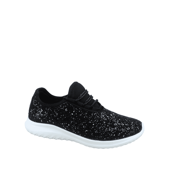 Lotus-08 Women's Fashion Sparkle Glitter Comfort Light Weight Slip On Flat Sneaker Shoes ( Black, 9)