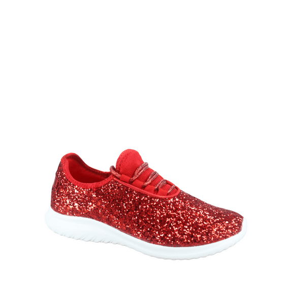 Lotus-08 Women's Fashion Sparkle Glitter Comfort Light Weight Slip On Flat Sneaker Shoes ( Red, 8.5 )