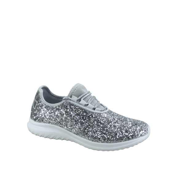 Lotus-08 Women's Fashion Sparkle Glitter Comfort Light Weight Slip On Flat Sneaker Shoes ( Silver, 5.5)