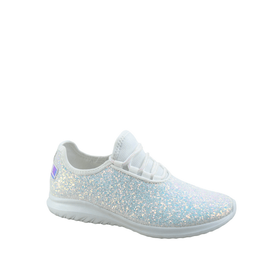 Lotus-08 Women's Fashion Sparkle Glitter Comfort Light Weight Slip On Flat Sneaker Shoes ( White, 8 )