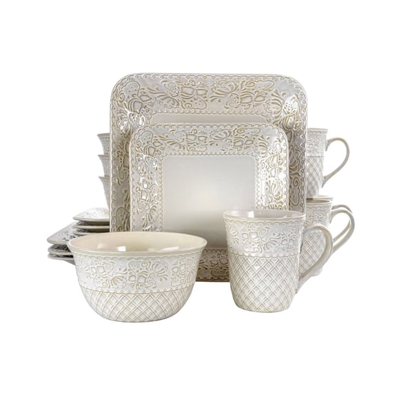 Lotus 16 Pc. Square Stoneware Dinnerware Set, Service for 4, Ivory Baroque Design