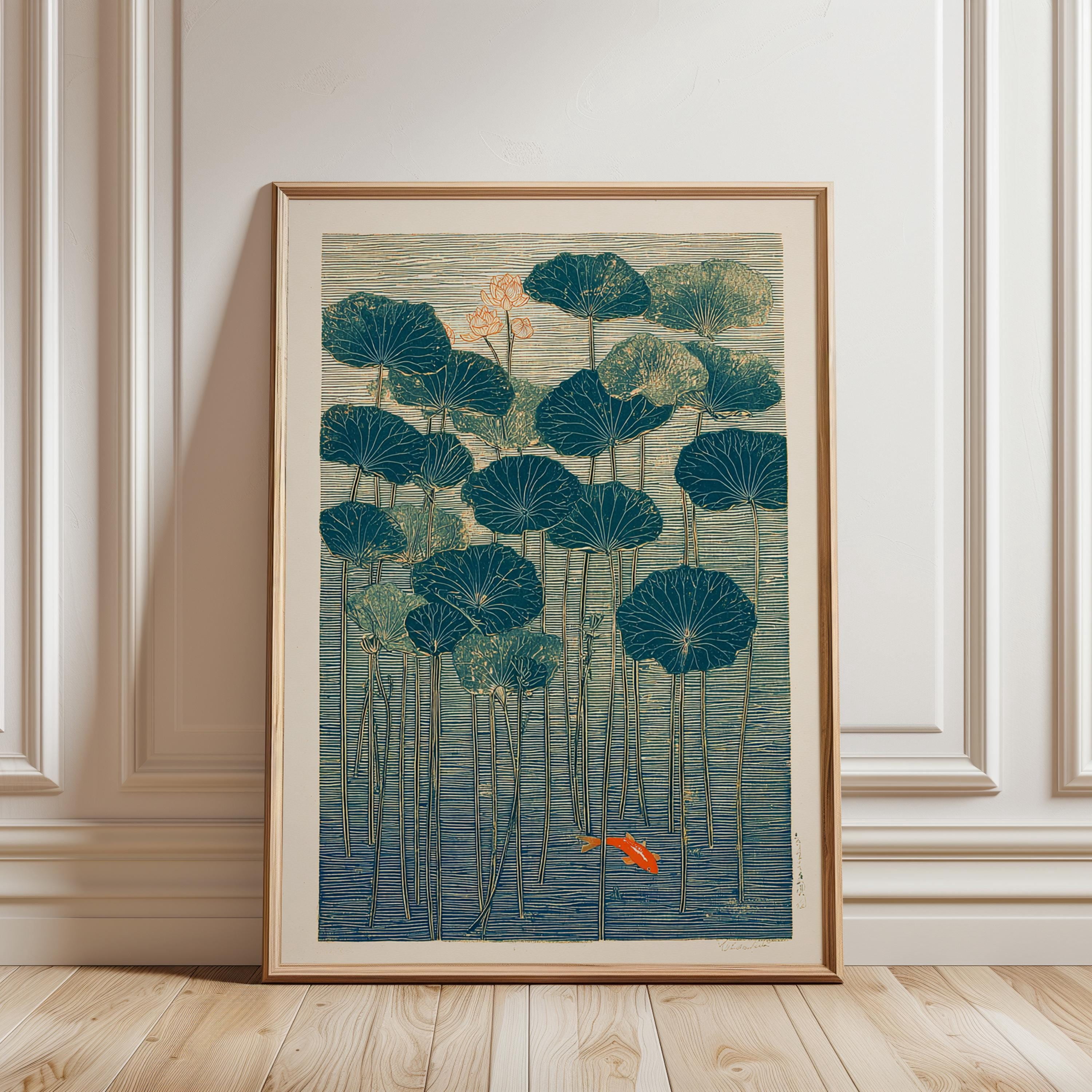 Lotus And Koi Poster, Japanese Botanical Art On Blue Water Texture ...